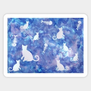 Blue Watercolor Cat and Fish Bone Painting Sticker